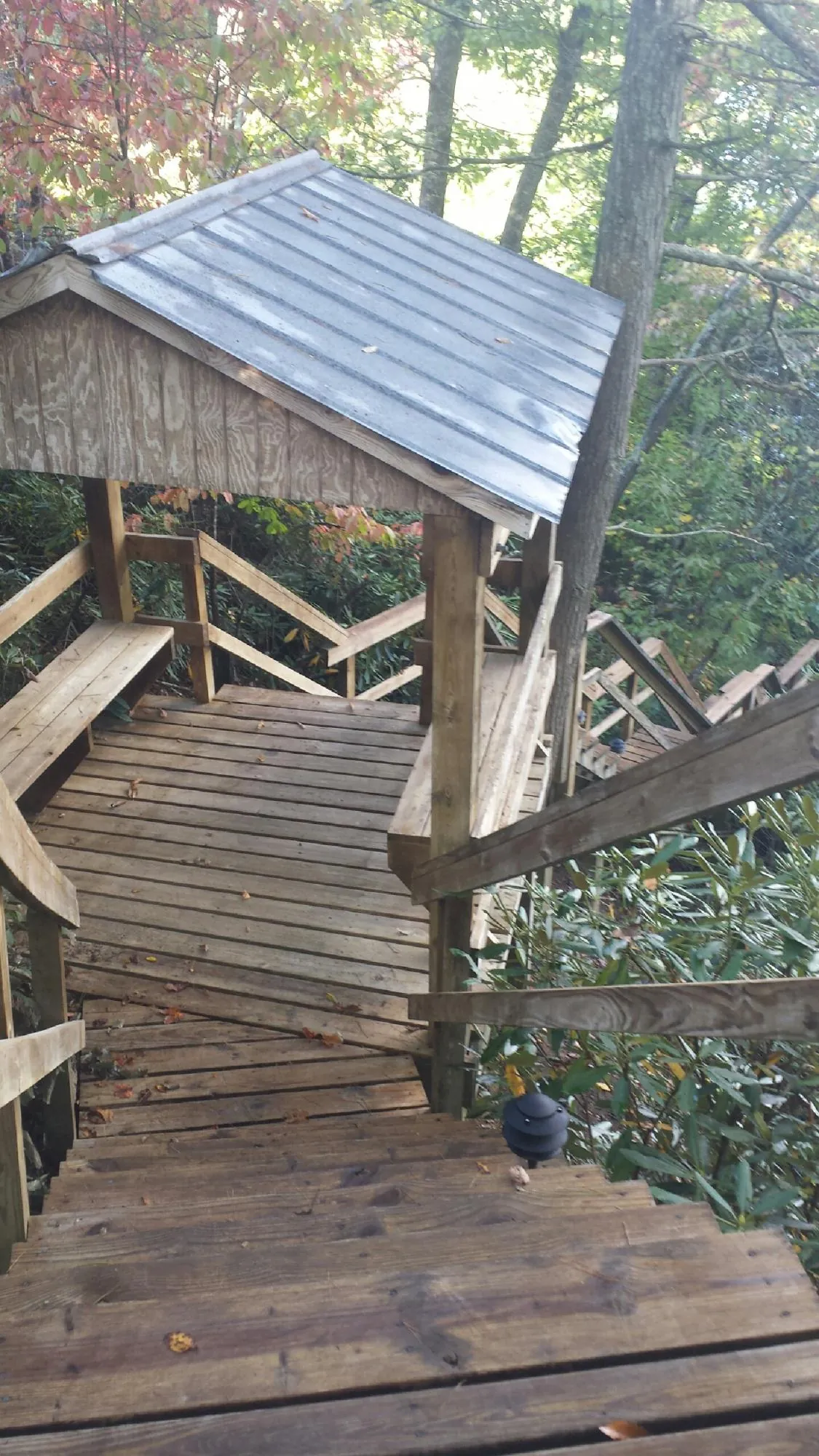 Metal roofed shelter over wooden steps on a wooded walkway — Skylight Repair & Installation work by our crew in Mc Dermitt
